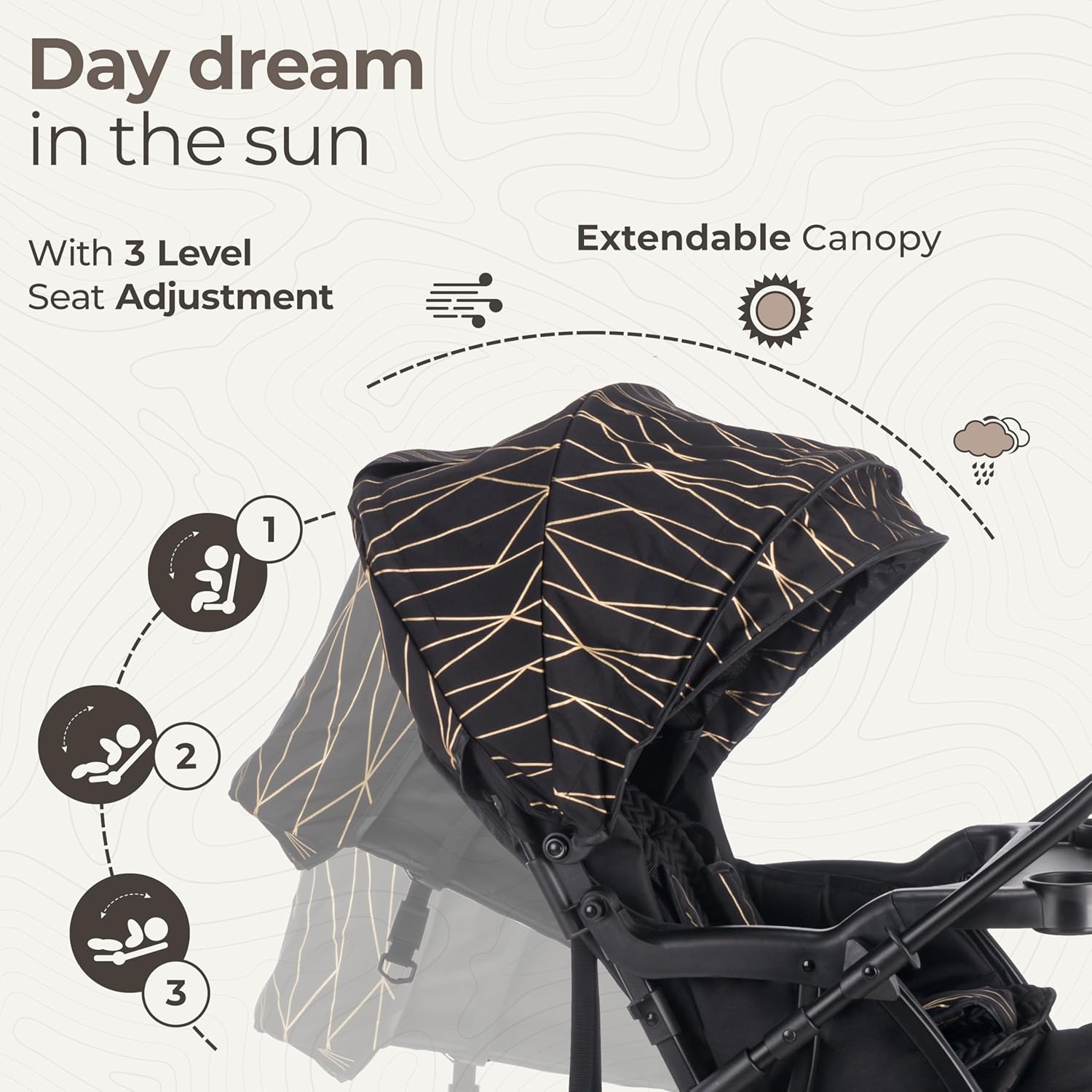Stylish LuvLap Sunshine Plus foldable stroller for babies, featuring a sleek black and gold design, adjustable canopy, and compact fold for easy transport. www.usmile.toys